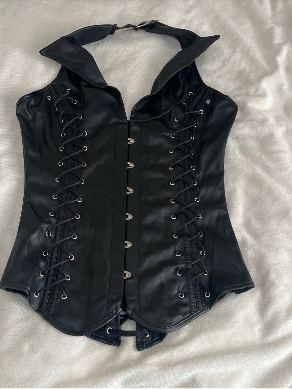Black Faux Leather Corset Sz L Collar Crossback Tie Closure Steampunk Gothic